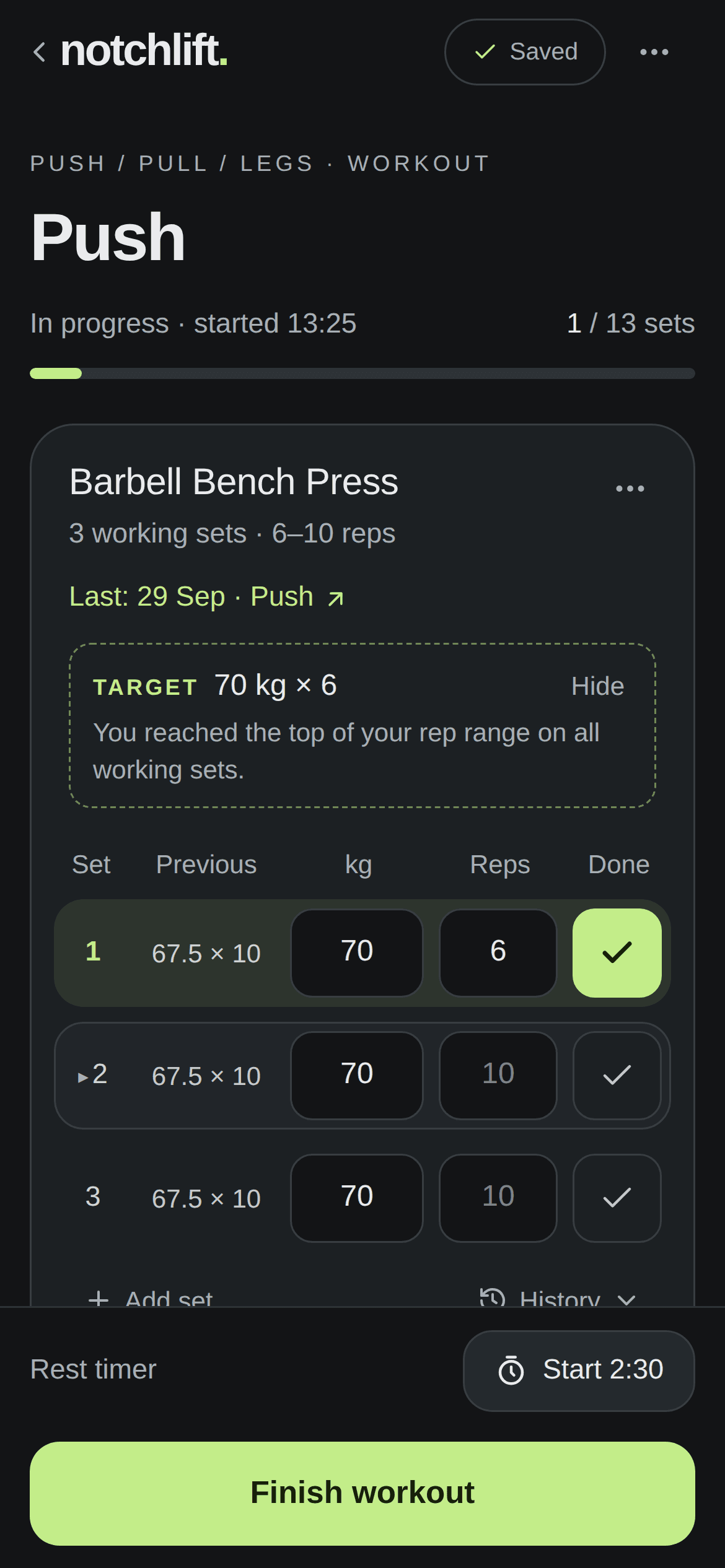 The NotchLift workout logger showing a bench press target of 70 kg for 6 reps