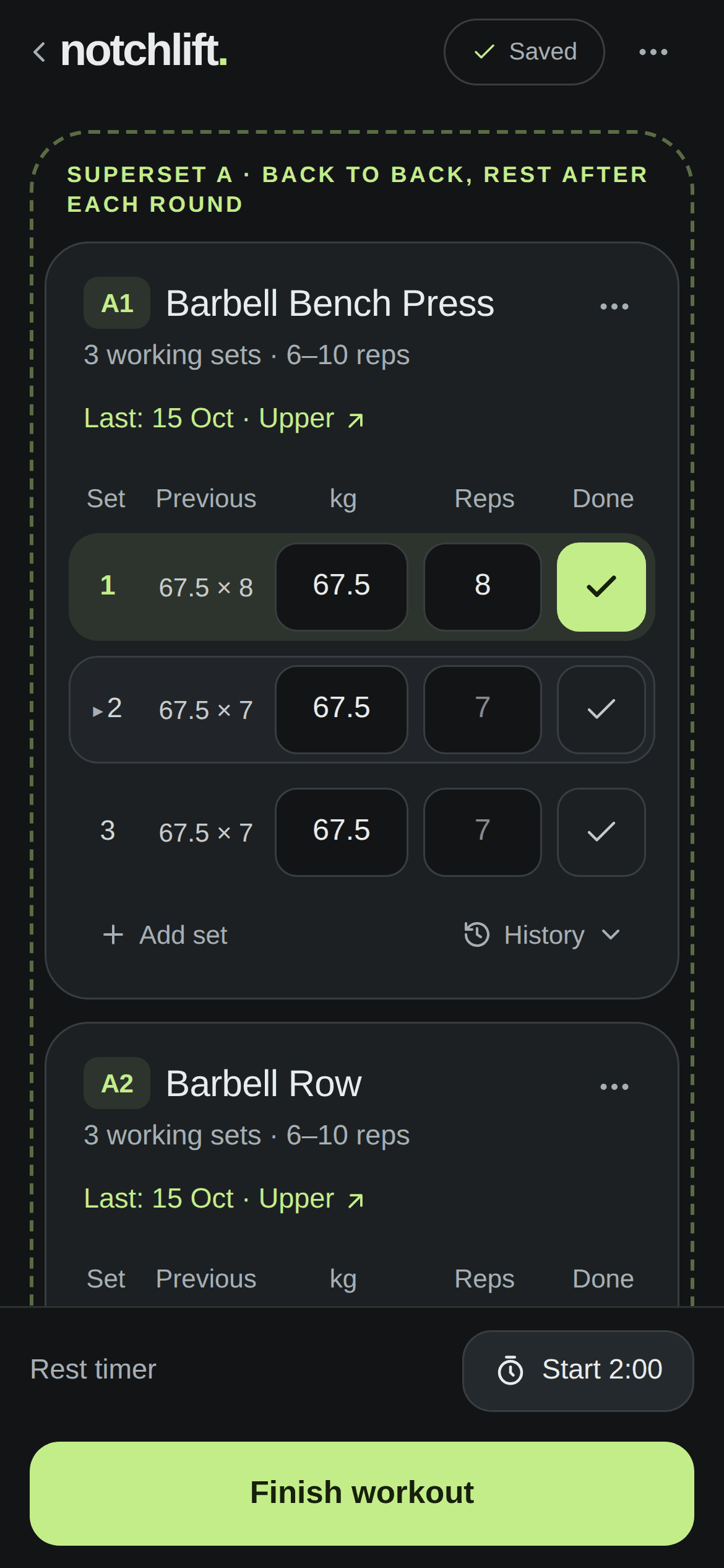 A NotchLift superset mid-workout: bench press A1 and barbell row A2 grouped together, with last session's sets beside today's