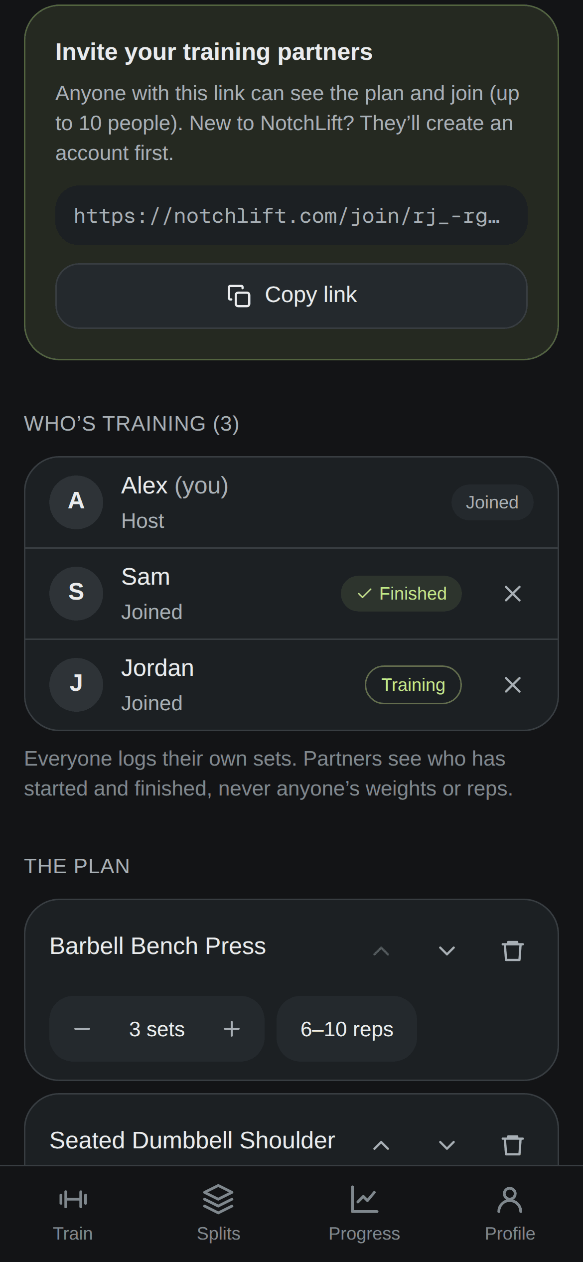 A NotchLift group workout: an invite link, and three people training together with Sam finished and Jordan training